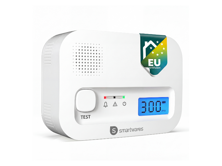 Weißer Kohlenmonoxidmelder mit Digitalanzeige, die 300 PPM und EU-Zertifizierung anzeigt.