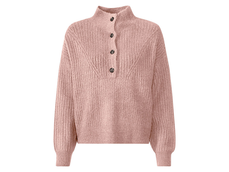 Ein rosafarbener Strickpullover mit Knöpfen.