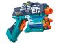 Spielzeugblaster mit 'MODEL SUPER RAPID FIRE' Text, in Türkis, Blau und Orange.