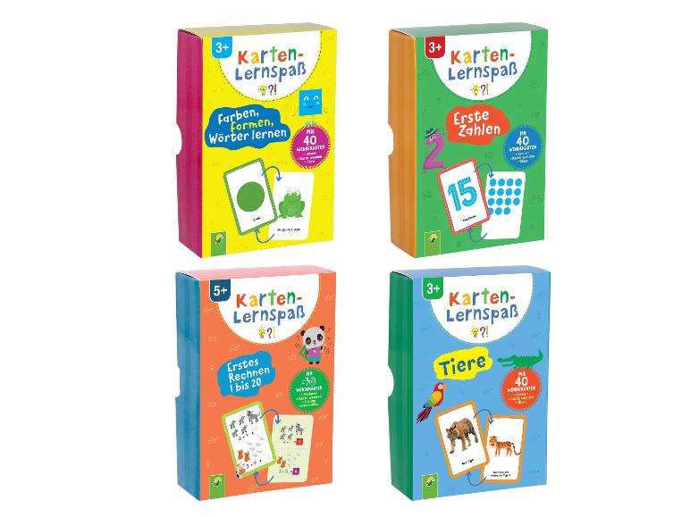 Vier Lernkartenspiele für Kinder mit Themen wie Farben, Zahlen, Rechnen und Tieren.