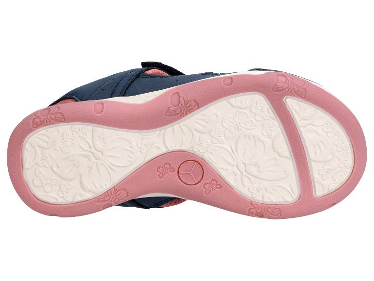 Blaue und rosa Kinderschuhsohle mit Schmetterlingsreliefs