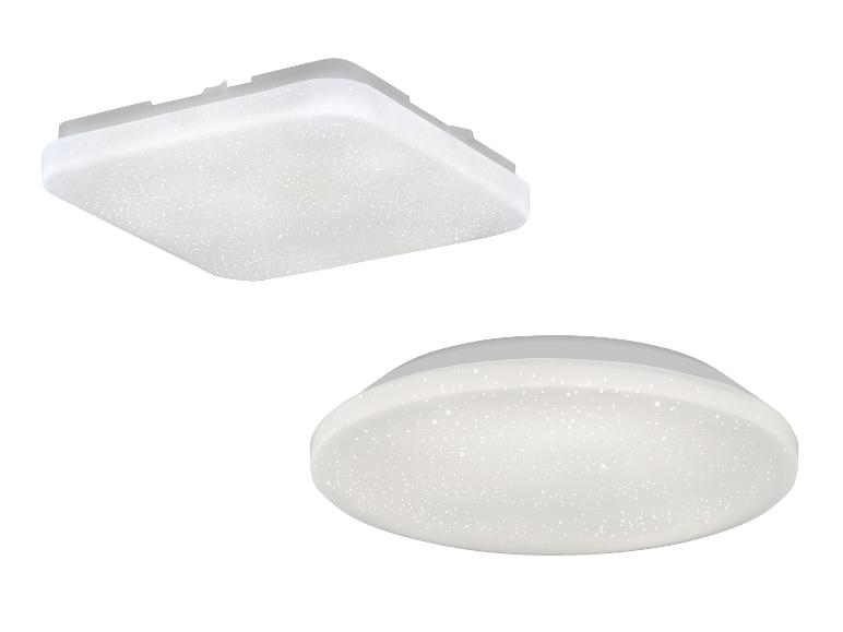 Zwei moderne LED-Deckenleuchten, eine quadratische und eine runde, mit Sterneneffekt.