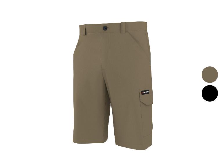 Khaki Arbeitsshorts mit Seitentaschen und schwarzen Details.
