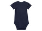 Ein dunkelblauer Baby-Body mit kurzen Ärmeln.