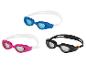 Schwimmbrillen in drei Farben: blau, pink und schwarz.
