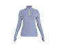 Damen-Sport-Langarmshirt, lila mit gelben Details und Reißverschluss.