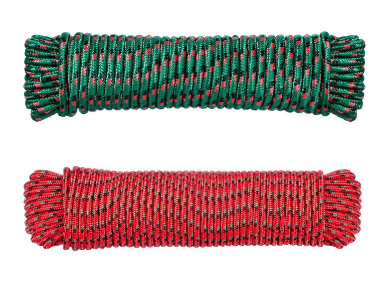 Zwei Rollen elastisches Seil in Grün und Rot, mit schwarzen und kontrastierenden Farbdetails.