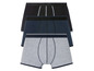 Drei Paar Boxershorts in Schwarz, Dunkelblau und Grau.