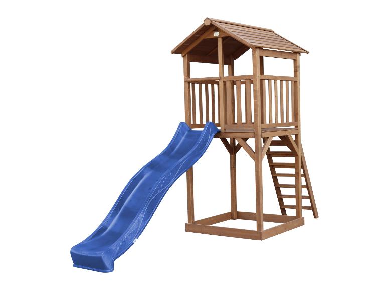 Hölzerner Spielturm mit blauer Rutsche für Kinder