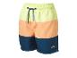 Herren-Badeshorts mit drei Farbblöcken: Gelb, Orange und Dunkelblau, mit Kordelzug in der Taille.