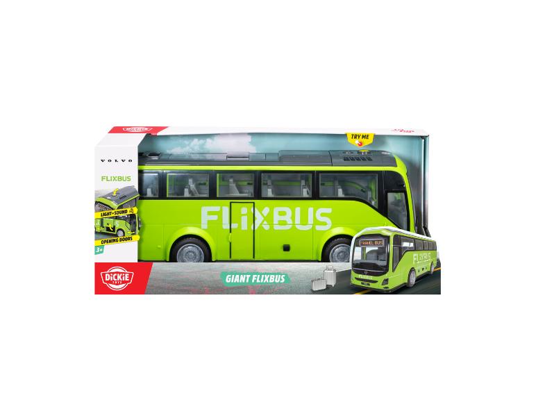 Spielzeugbus in Box, grün mit 'Flixbus'-Branding, Licht, Sound und öffnenden Türen.