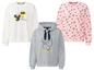 Drei Disney-Pullover: ein weißer mit Mickey Mouse, ein rosa mit Schneeflocken und ein grauer mit Cinderella.