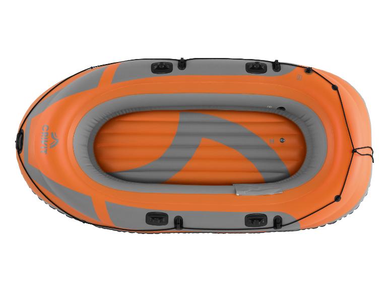 Orange-graues Schlauchboot mit schwarzen Seilen, Draufsicht.