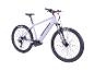 Graues E-Mountainbike mit schwarzen Reifen und Sattel, auf weißem Hintergrund.