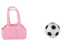 Eine rosa Tiertragetasche und ein Fussball.