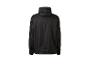 Schwarze Kapuzen-Windjacke mit reflektierendem Streifen, Rückansicht.