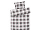 Bettwäsche in einem karierten Design mit weißen, grauen und roten Farben.