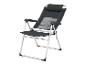 Klappbarer Campingstuhl mit verstellbarer Rückenlehne und Armlehnen, in Grau und Schwarz.