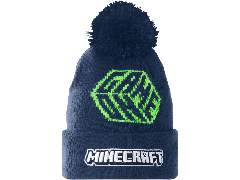 Dunkelblaue Strickmütze mit Bommel und grünem Würfelmotiv