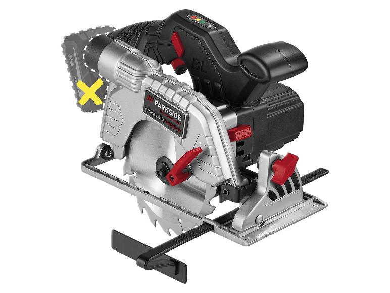 Parkside Akku-Kreissäge mit bürstenlosem Motor und einstellbaren Funktionen.