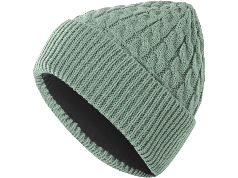 Hellgrüne Strickmütze mit Zopfmuster.