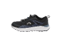 Schwarz-blauer wasserdichter Sportschuh mit weißer Sohle und Schnellverschluss-Schnürsystem.