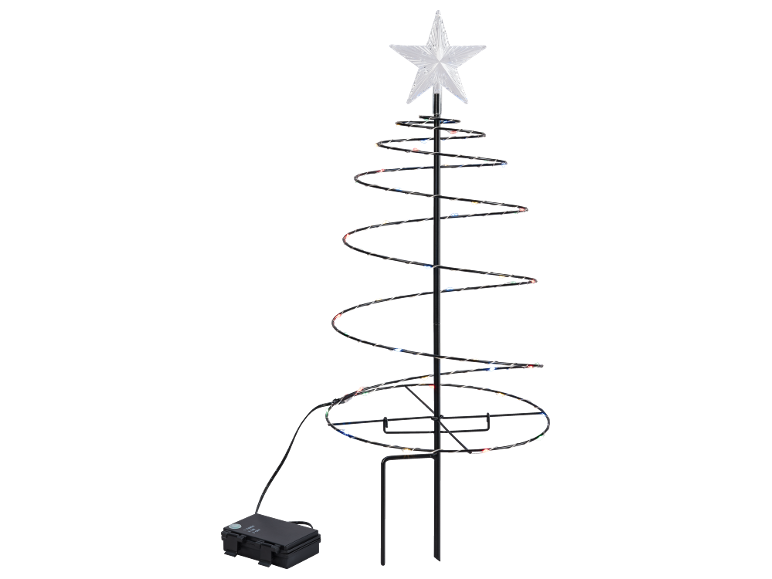 Spiral-Weihnachtsbaum mit mehrfarbigen LED-Lichtern und einem Stern als Spitze.