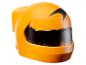 Ein orangefarbener Rennhelm mit schwarzem Visier und einem schwarzen Detail oben.