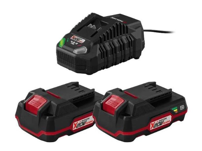 Ladegerät und zwei Parkside X20V Team Akkus.