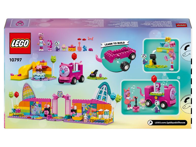 Schachtel des LEGO Gabby's Dollhouse Sets 10797, die ein farbenfrohes Puppenhaus und Fahrzeuge zeigt.