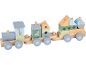 Holzeisenbahn mit Savannen-Bausteinen, darunter Giraffe, Zebra und Affe.