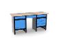 Blaue und schwarze Werkbank mit Holzplatte, Schubladen und Schrank.