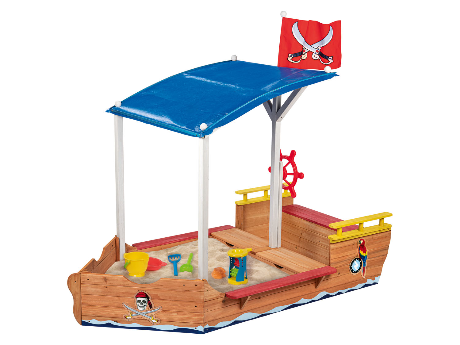Playtive Sandkasten »Piratenschiff«, mit Steuerrad, Sonnendach und Flagge