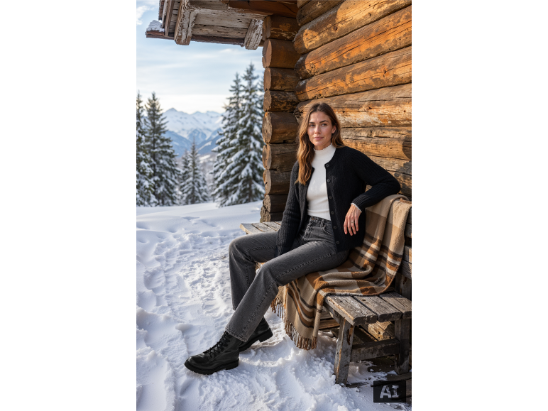 Frau in schwarzer Strickjacke, weißem Rollkragenpullover und grauer Jeans sitzt auf einer Holzbank in verschneiter Berglandschaft.