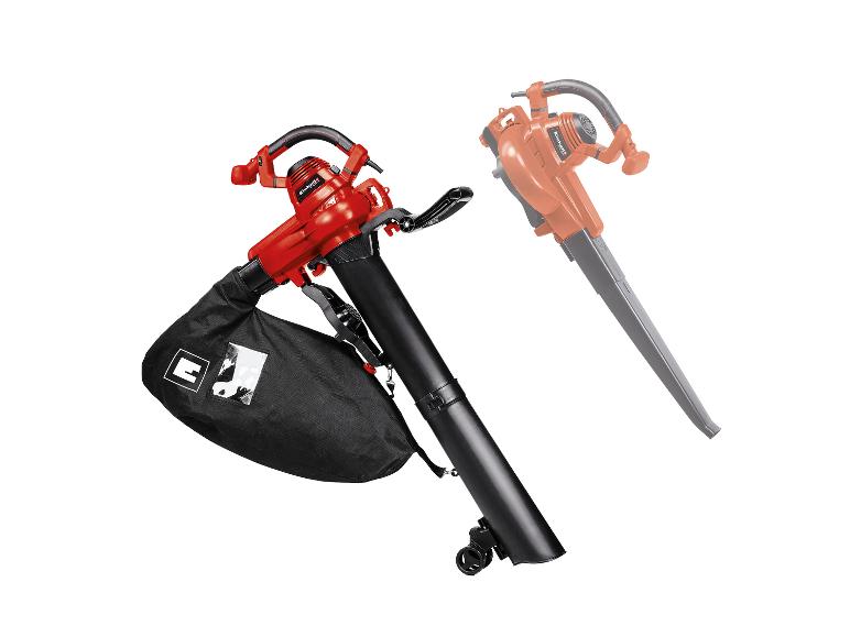 Roter elektrischer Laubbläser mit Fangsack und ein weiterer Laubbläser im Hintergrund.