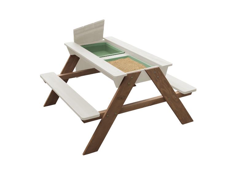 Kinder-Picknicktisch aus Holz mit zwei integrierten Spielwannen, eine mit Sand gefüllt.