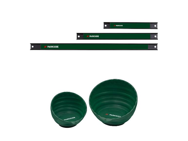 Drei Parkside Magnetleisten und zwei Parkside Faltschüsseln, alle in Dunkelgrün.