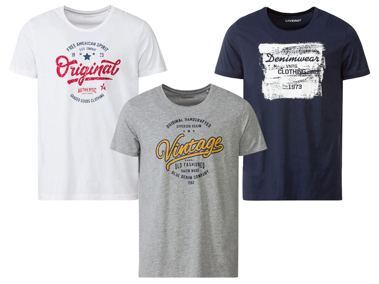 Drei T-Shirts mit Vintage-Prints: 'Original', 'Vintage' und 'Denimwear'.