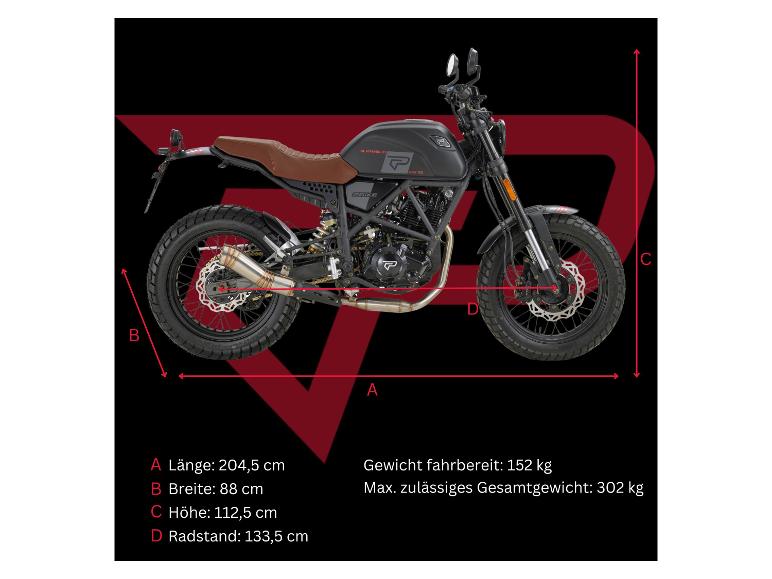 PRIKE PXS 125 Scrambler Motorrad mit Maßen und Gewicht.