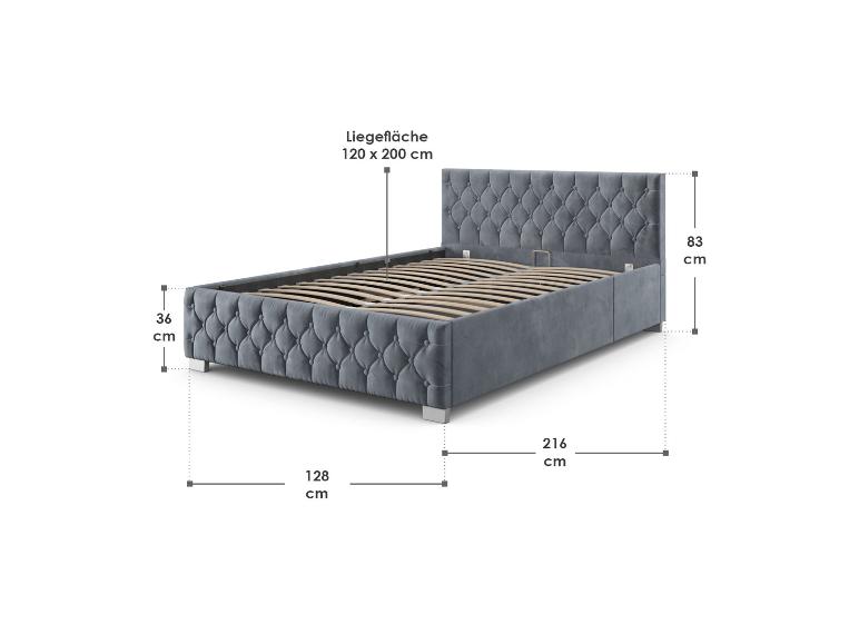 Graues Samtbett mit Knöpfen, mit einer Liegefläche von 120x200 cm, 36 cm hoch, 128 cm breit und 216 cm lang.