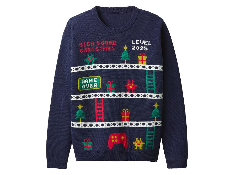 Dunkelblauer Weihnachtspullover mit pixeligem Videospiel-Design, das Bäume, Geschenke und Text zeigt.