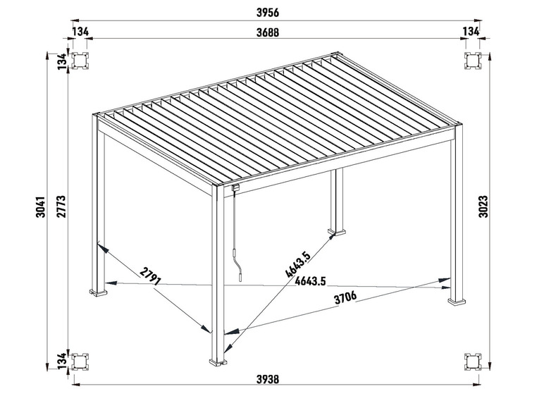 Eine technische Zeichnung einer Pergola mit Maßen.