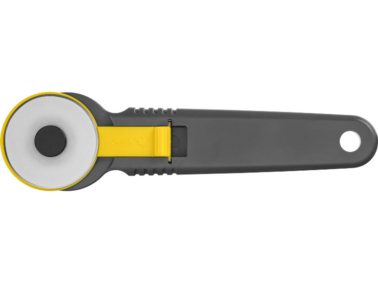 Grauer und gelber Rollschneider mit kreisförmiger Klinge und „OPEN“-Schriftzug