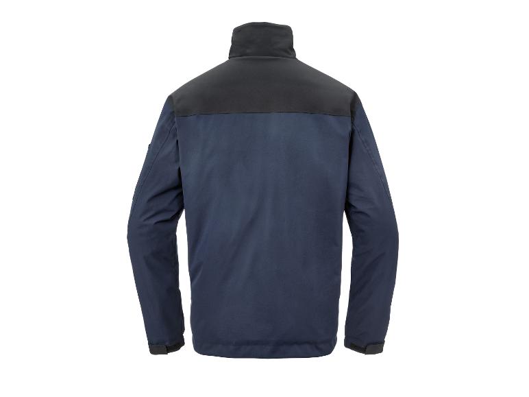 Rückenansicht einer dunkelblauen Jacke mit schwarzem Kragen und Schultern.