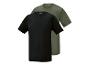 Zwei kurzärmelige T-Shirts, eines schwarz und eines olivgrün.