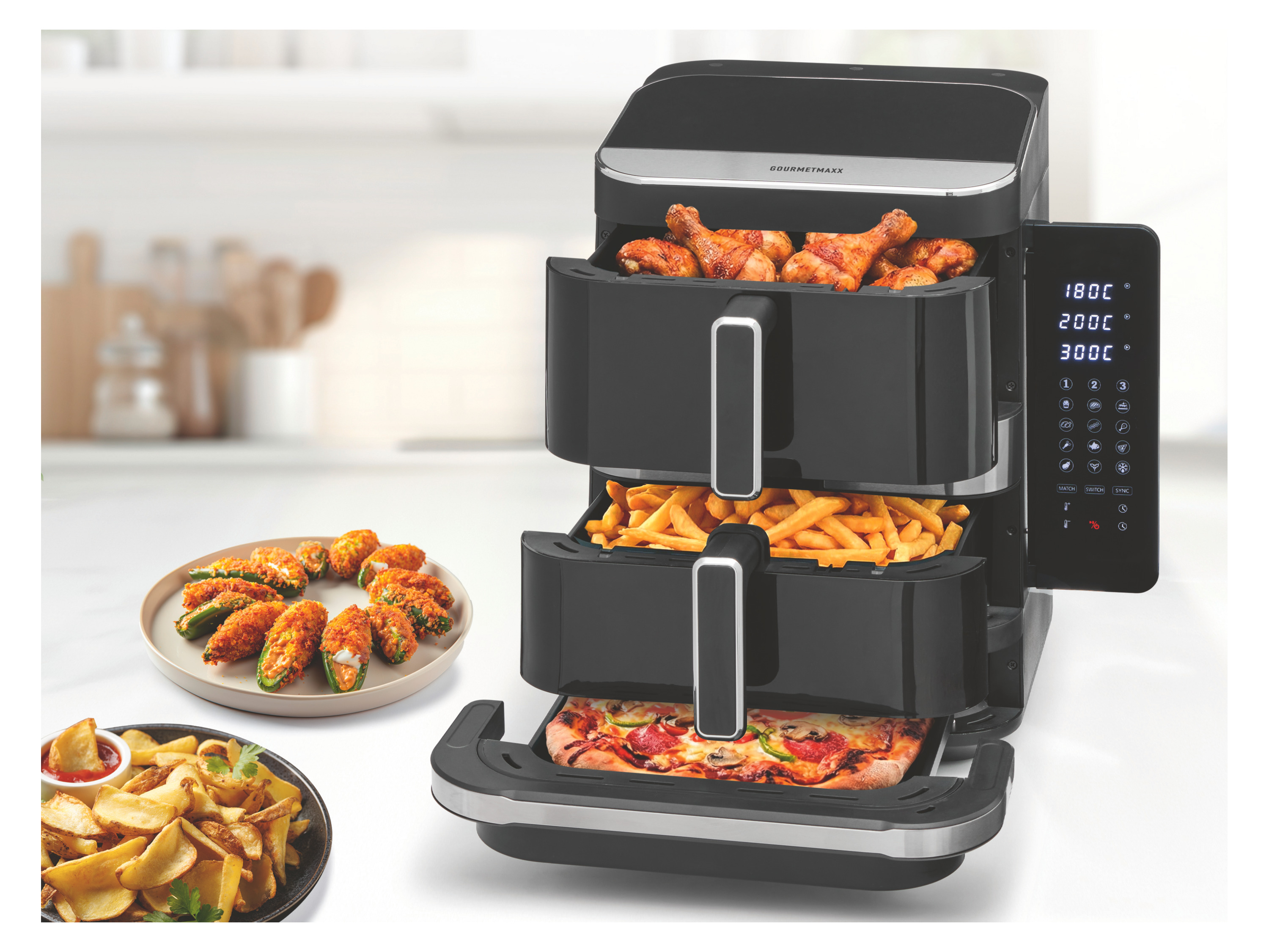 GOURMETmaxx Heißluftfritteuse GOURMETmaxx Heißluft-Fritteuse 2800W schwarz Doppelkorb vertikal 4l + 6l mit Pizzafach, 2800 W, Heissluftfritteuse XXL, ohne Öl, f – Bild 2 von 4