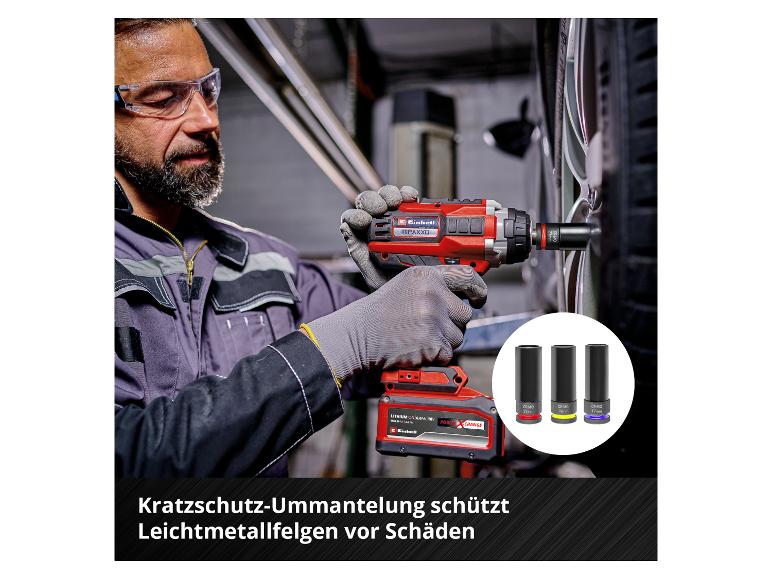 Mann mit Schlagschrauber wechselt Autorad, Steckschlüssel sind ebenfalls abgebildet.