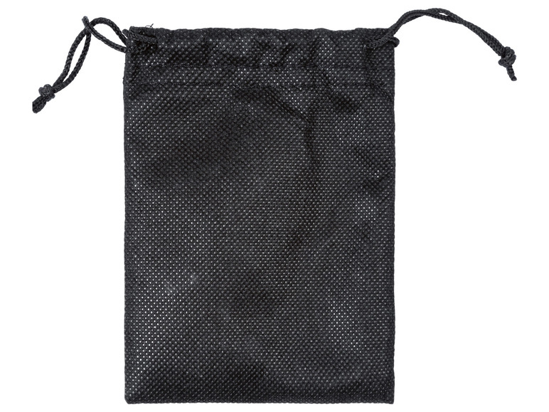 Ein schwarzer Stoffbeutel mit Kordelzug.