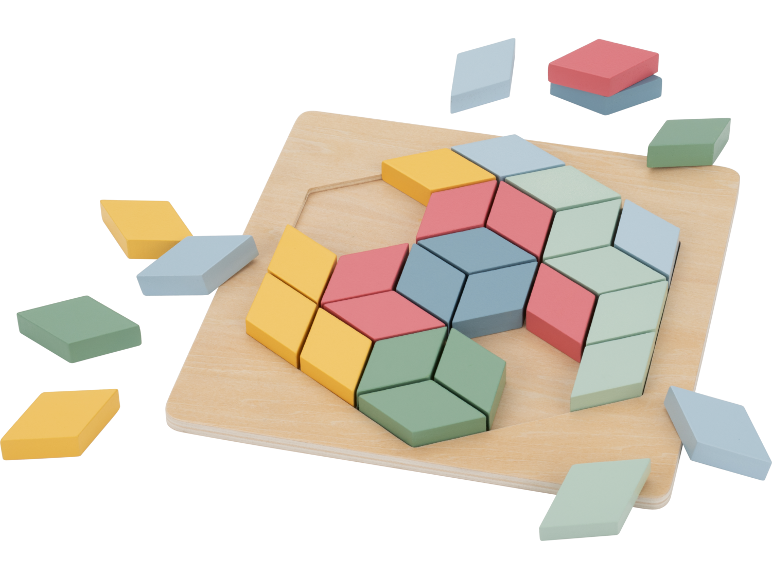 Holzpuzzle mit rautenförmigen Teilen in verschiedenen Pastellfarben.