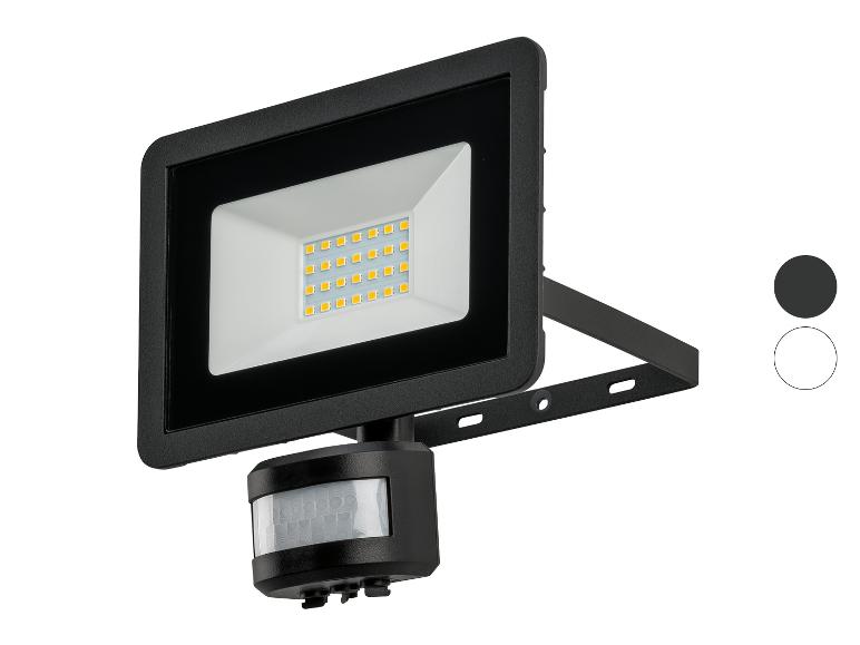 Schwarzer LED-Fluter mit Bewegungssensor, sichtbare LEDs.